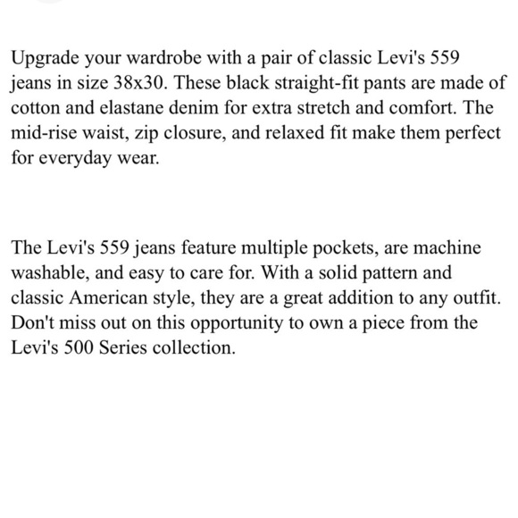 Levi’s 559 Black Denim Jeans 38x30 Relaxed Straight Stretch  Pants Mid Rise - Picture 6 of 6